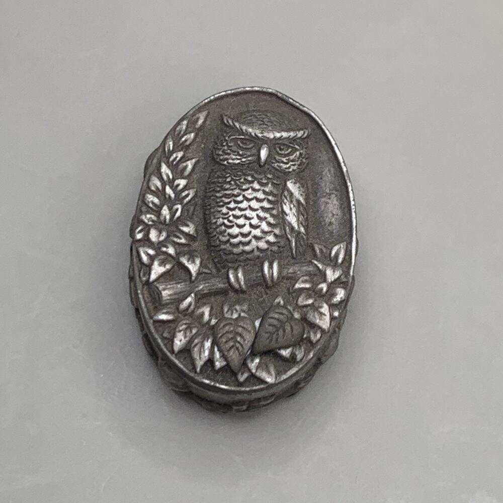 Vintage MS DEE Pewter Owl Brooch Trinket Box w Earrings #18